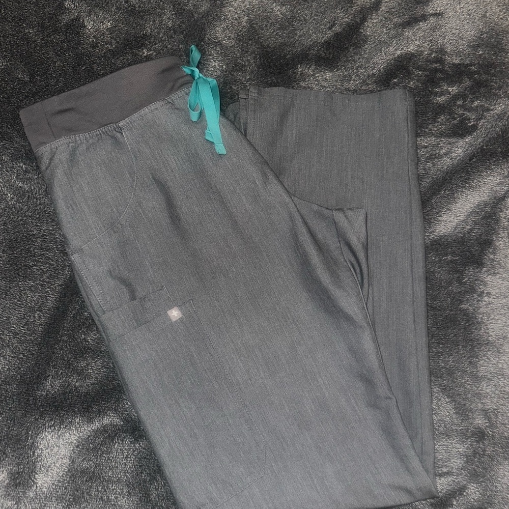 Figs Gray Pants with Teal Drawstring